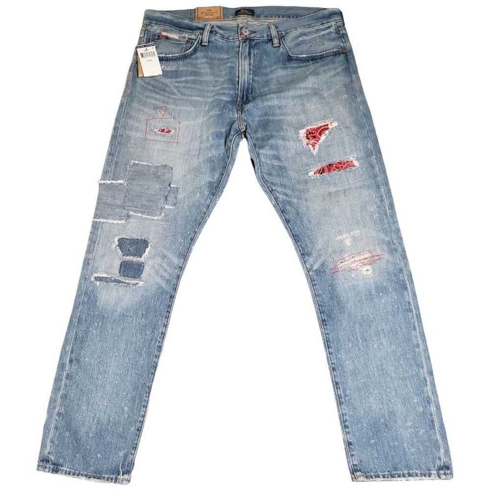 Polo Ralph Lauren Men Bandana Sullivan Slim Jean Distressed Patchwork Red 34x30